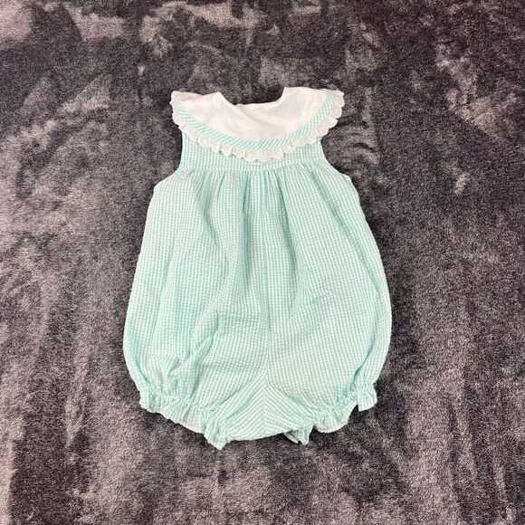 Vtg Copper Key Gingham Seersucker Peter Pan Collar Romper Girls 3T Floral - Picture 7 of 9